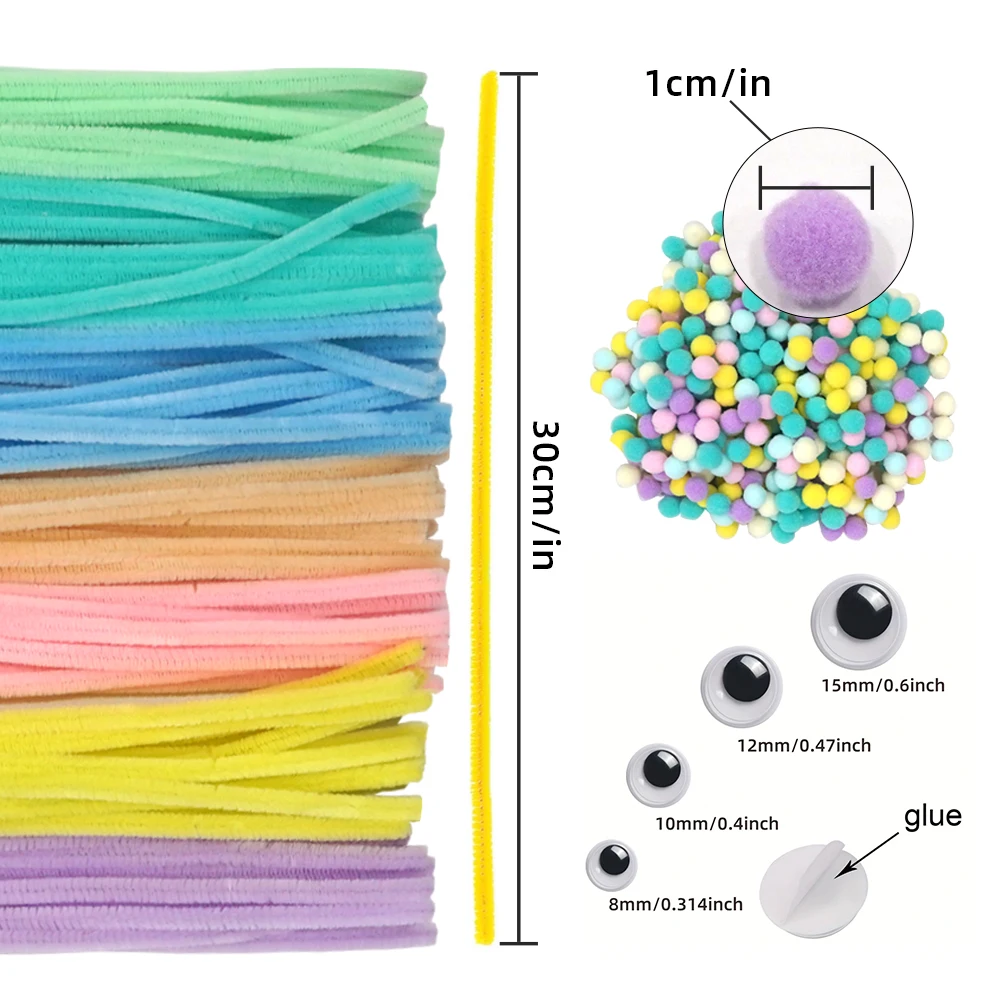 200Pcs Craft Supply Set, Which Includes 100Pcs Pipe Cleaners Chenille Stem, 50Pcs  Wiggle Googly Eyes and 50Pcs Pompoms