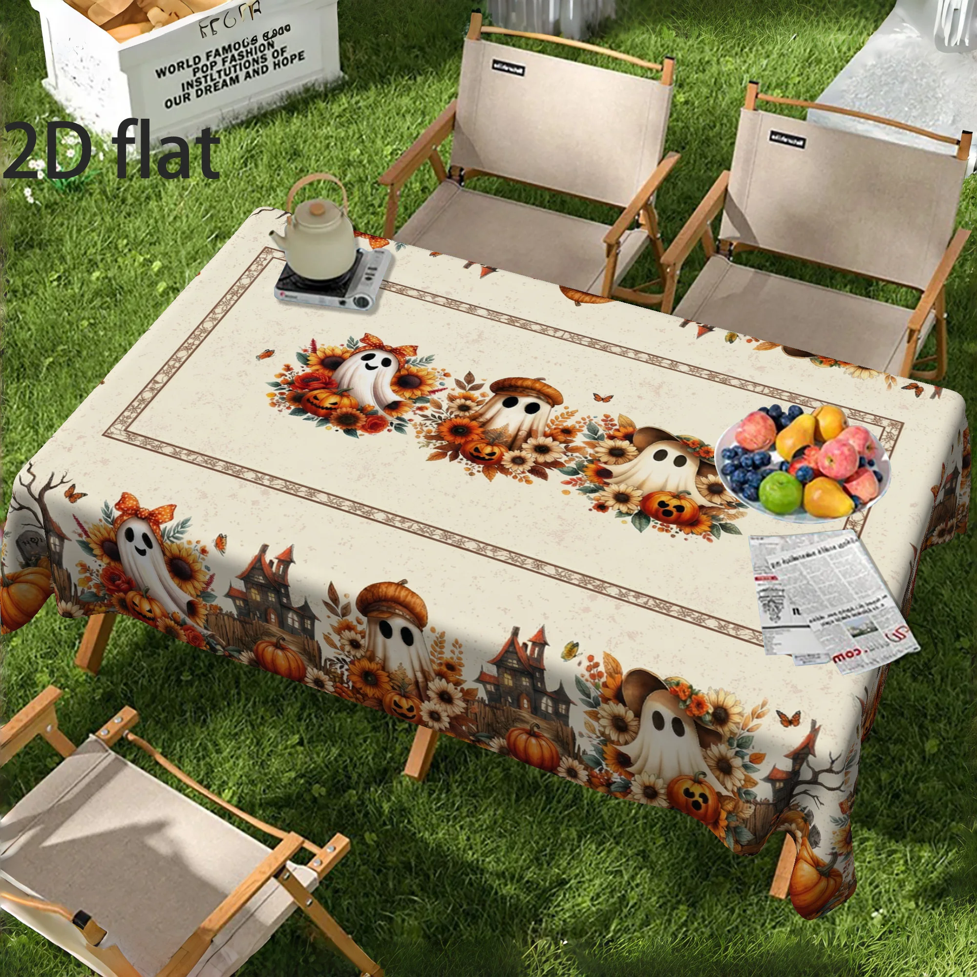 Halloween Cute Ghost Pumpkin Castle Rectangle Tablecloth for Table Decor Reusable Kitchen Dining Tablecloth Halloween Decoration