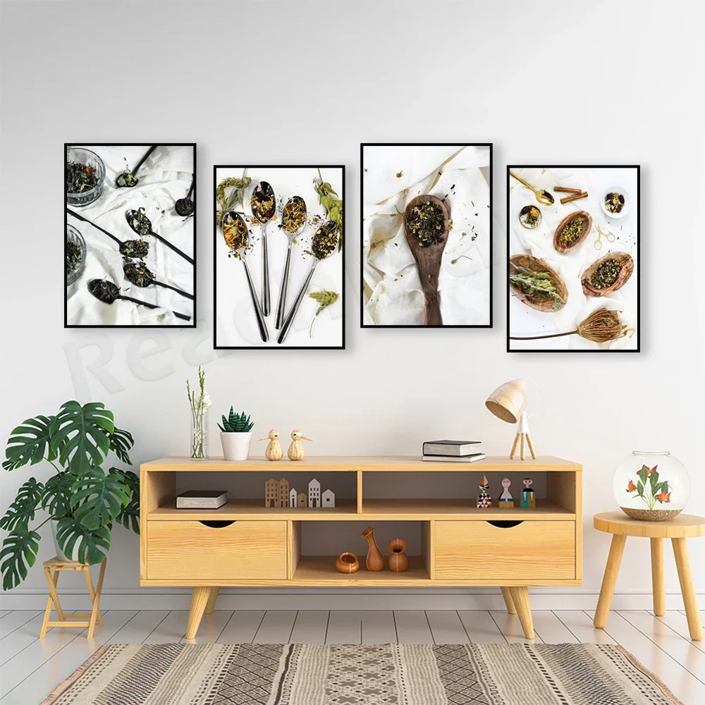 ملصق شاي أعشاب أوراق فضفاضة، لوحة قماشية لشاي الأعشاب فضفاضة مطبوعة فن نباتي ديكور جدار صورة ديكور المنزل