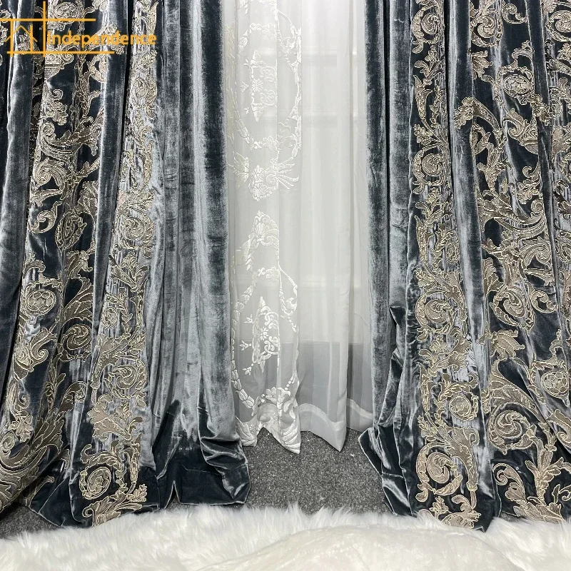 

Black Grey Gilt Embroidered Velvet Curtains for Living Room Bedroom French Window Villa Custom Window Screen Valance