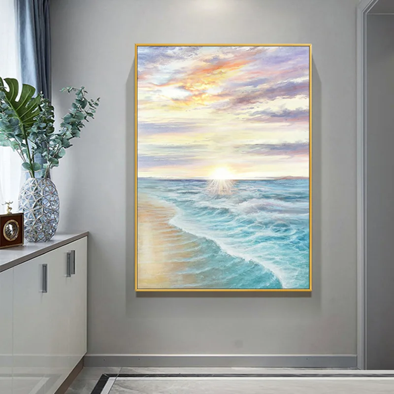 

Seaside Sunrise Sea Waves Oil Painting Hand Painted Canvas Modern Wall Art Ocean Beach For Living Room Bedroom Home Decorations