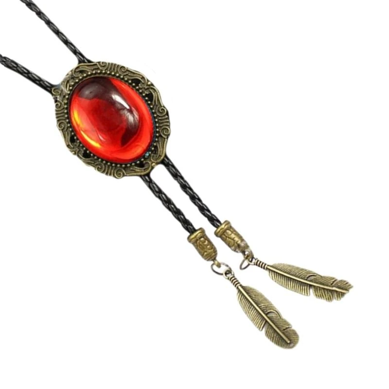 Handmade Jewelry Bolo Tie Western Cowboy Faux Leather Rope Necktie with Vintage Stone Metal Feathered Pendant Necklace