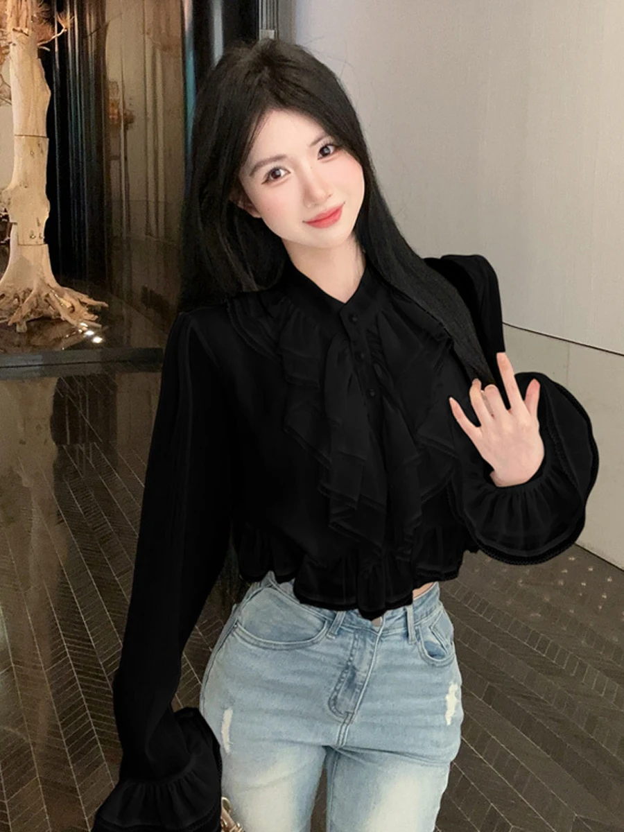 

Sweet Retro Heavy Work Bubble Sve Pleated Ruffle Hem irt Pure Desire Semi Transparent Long Sve Top for Women