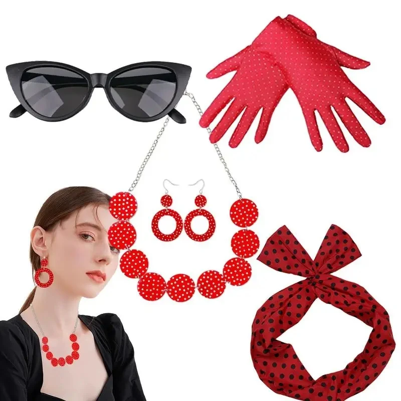 1950s Women Polka Dot Earrings Necklace Glasses Hairband Set 80s Retro Black Disco Party Masquerade Costume Accessories