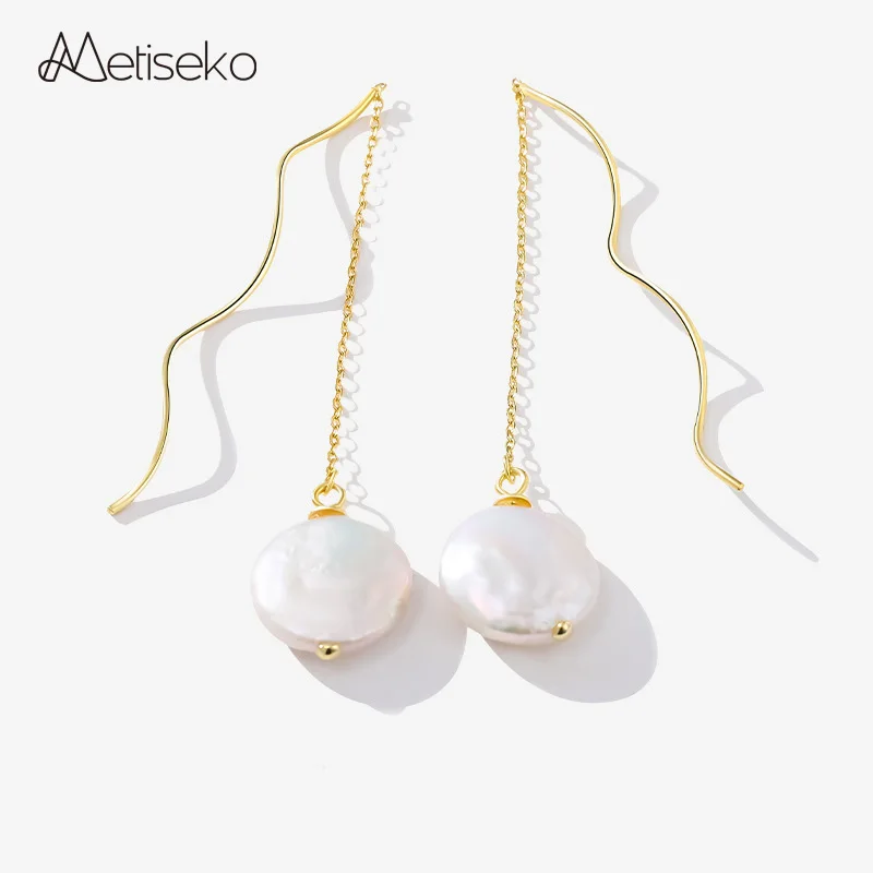 

Metiseko Natural Baroque Flat Button Shape Pearl Dangle Earrings 925 Sterling Silver Long Wave Needles Drop Earrings for Women