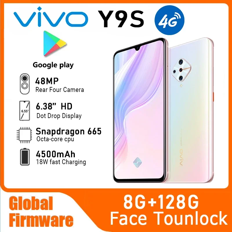 VIVO Y9S โทรศัพท์มือถือ4G เฟิร์มแวร์ทั่วโลก Snapdragon 665 Android 9.0 6.38 "2340x1080ลายนิ้วมือ5กล้องมาร์ทโฟน