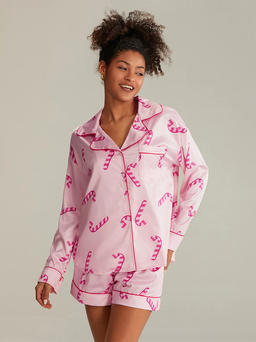 Conjunto de pijama de 2 piezas para mujer, camisa de manga larga con estampado de postre y pantalones cortos elásticos para ropa de dormir suave