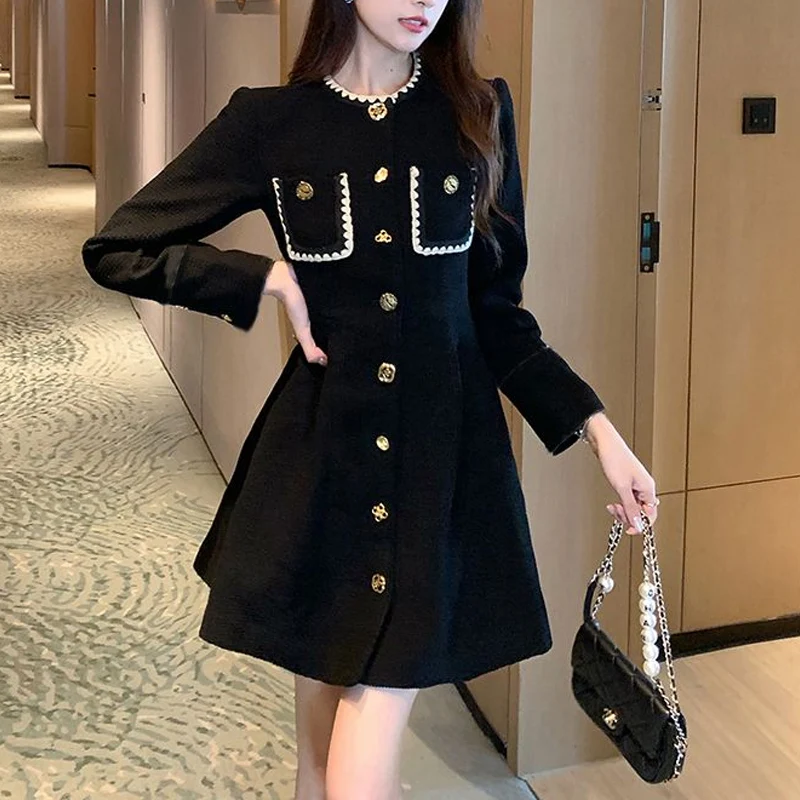 Spring Autumn New Round Neck Long Sleeve Fashion Mini Dress Women High Street Button Patchwork Vestidos Elegant All-match Dresse