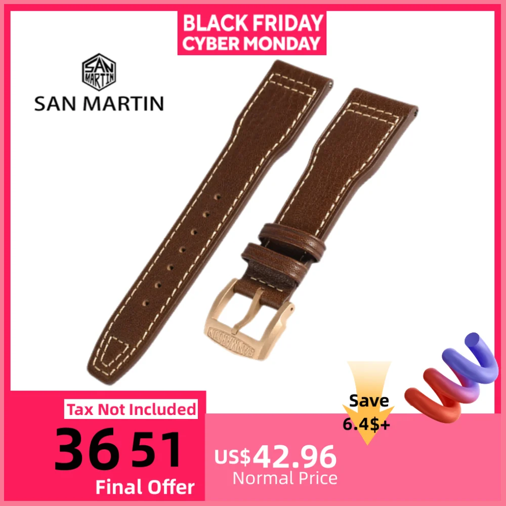 

San Martin Pilot Horween Ремешок для часов из воловьей кожи 20 мм 22 мм Ремень для часов для мужчин Быстросъемный пружинный стержень Ретро пряжка
