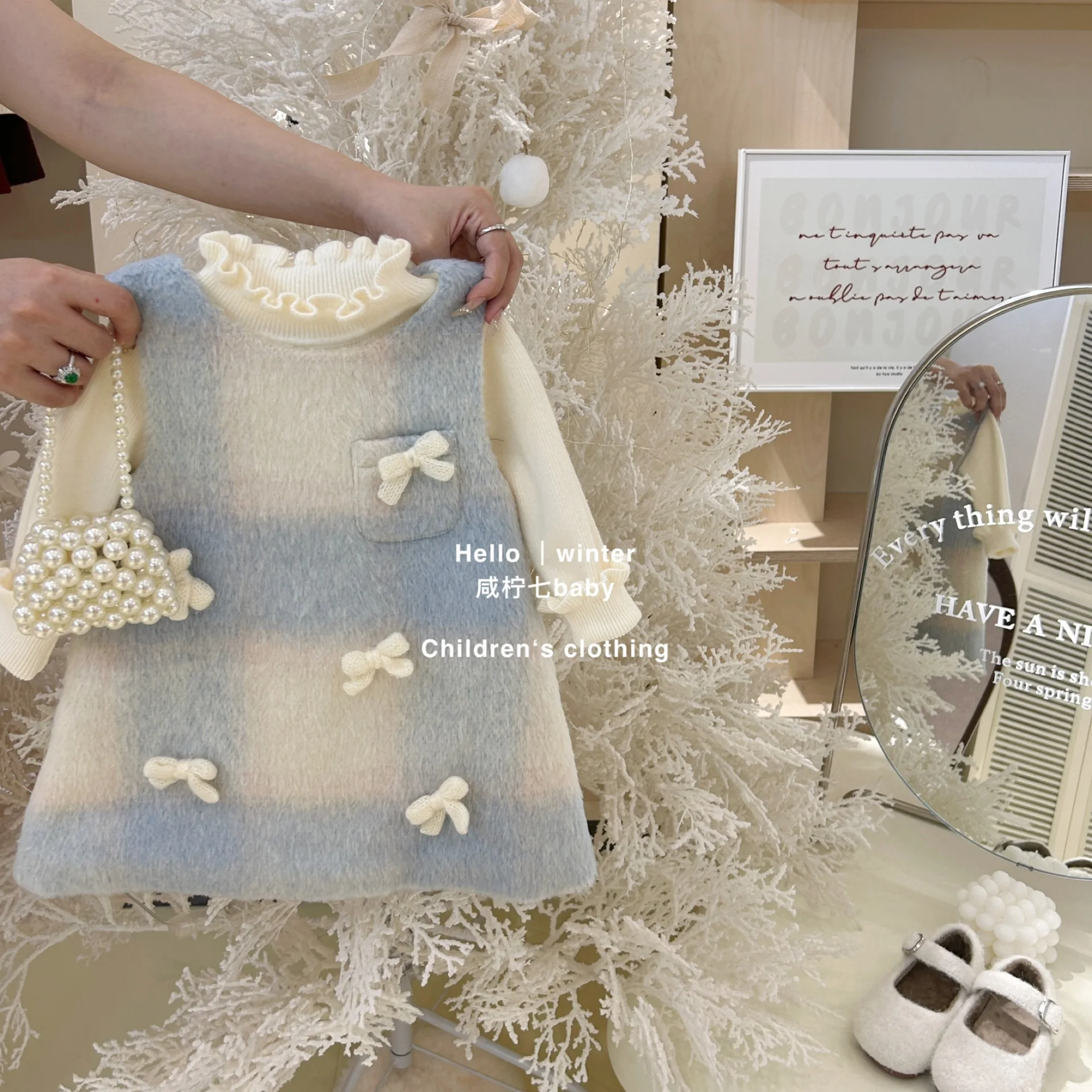 Winter Infant Baby Girl Sundress 1-6Y Kid Girls 3D Knotbow Vestidos Round Collar Plaid Sleeveless Children Fleece Dress For Girl