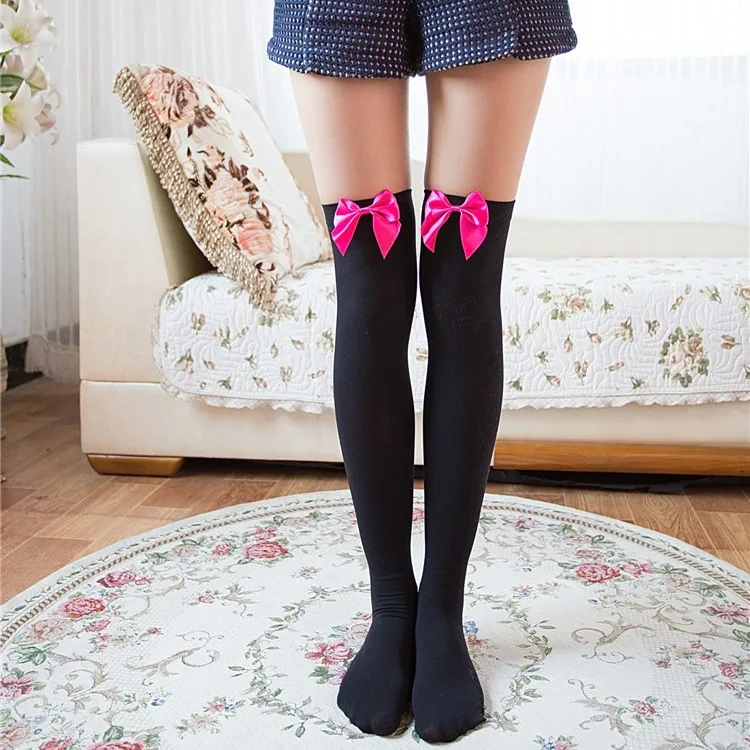 Japanese Sweet Lolita Velvet Thigh‑High Stockings Women Pretty Bow‑Knot Trim Over‑Knee Socks Soft Elastic Hosiery Daily Styling