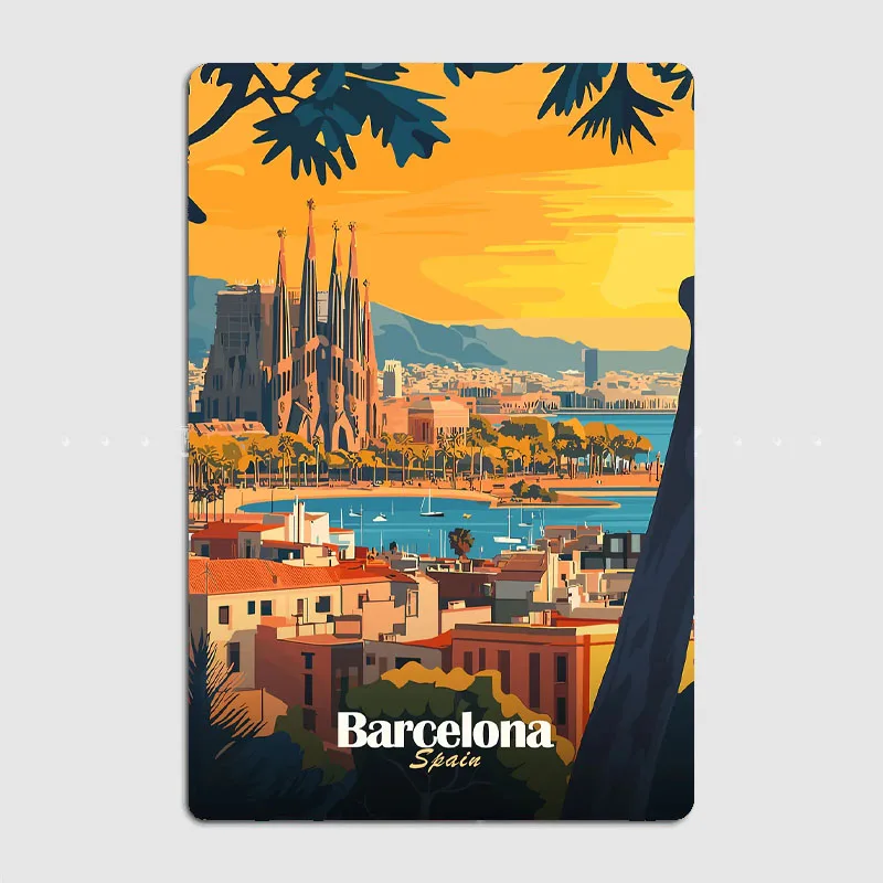 

Travel Barcelona Scenic Spot Retro Posters Metal Poster Pub Sign Garage Club Bar Indoor Wall Room Decoration Home Decor