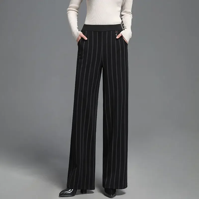 

Women's Striped Straight Wide Leg Trousers Three Dimensional Pendant Decoration Middle Aged Elderly Mothers Pockets Loose L40