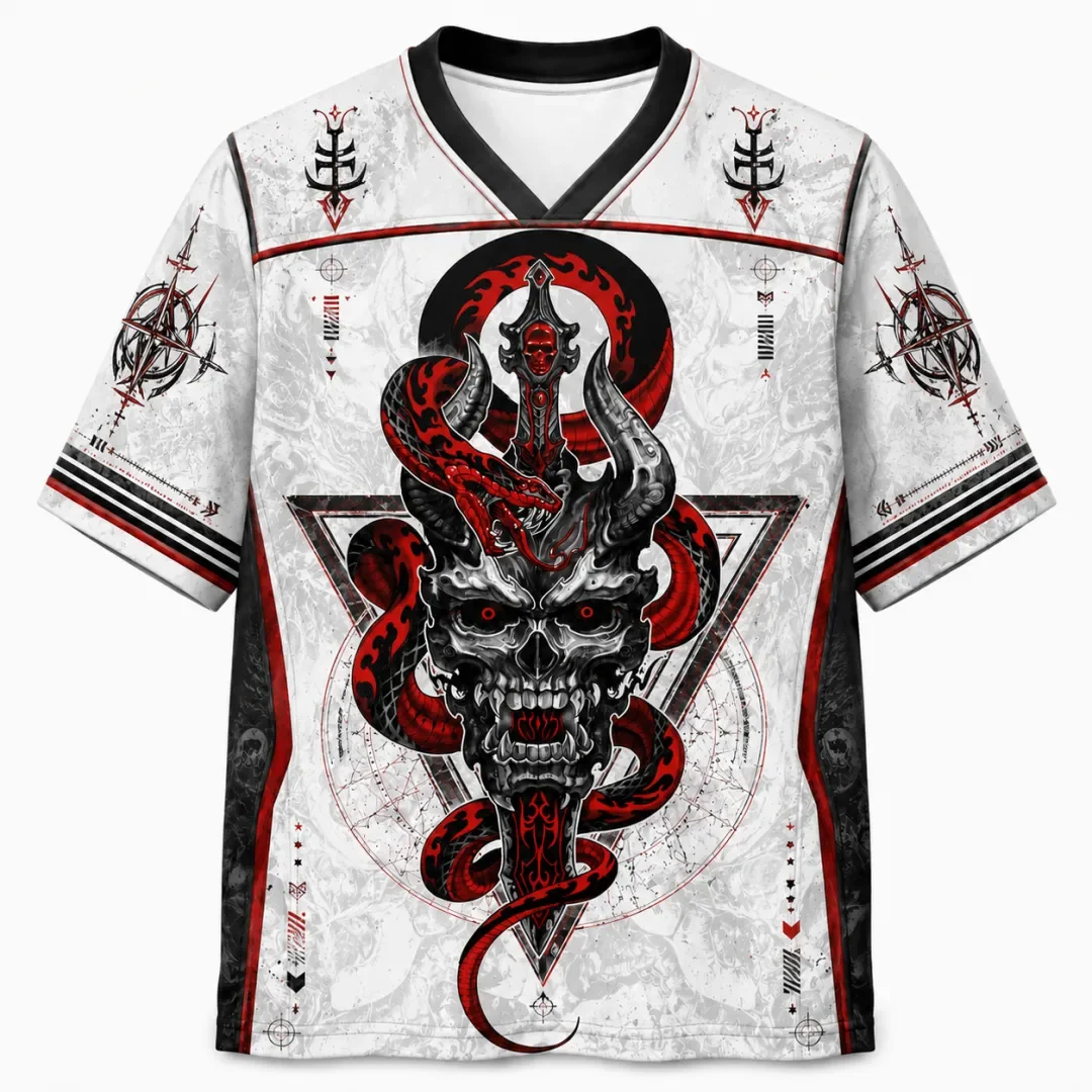Gothic Devil Horn Skull Red Snake Sword Pattern Full Screen Printed Dark Mysterious Tattoo Style Breathable Mesh T-shirt