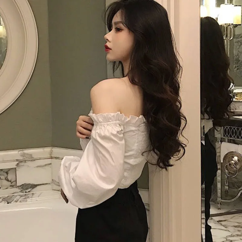 Women\'s Shirt Spring Court One Neck Off Shoulder Lace Up Short Two Wear High Waist Bubble Sleeve Blouse