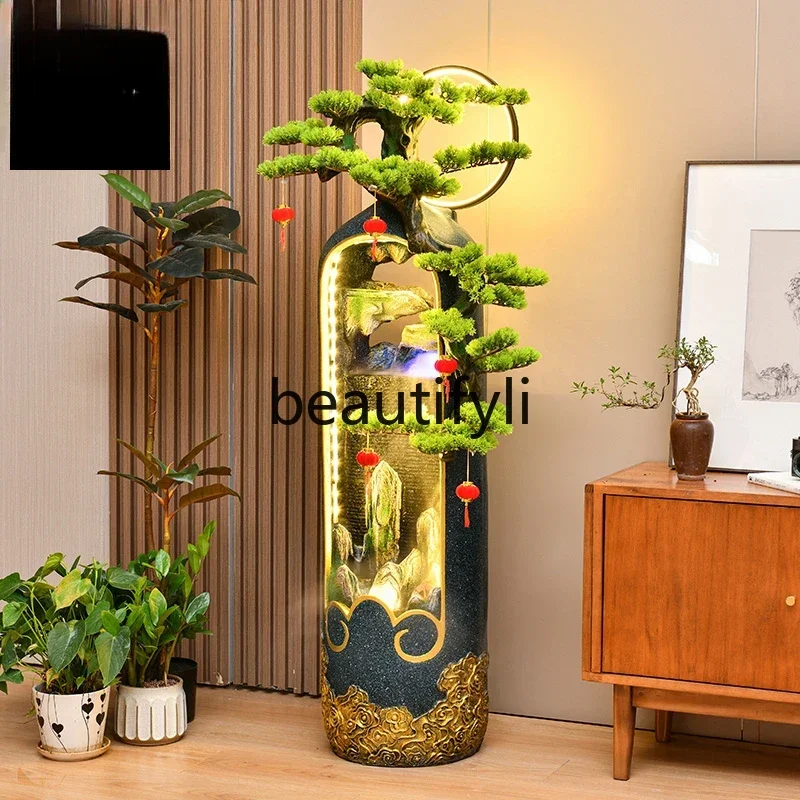 

SS New Chinese style wind carved welcome pine rockery flowing water fountain indoor living room floor decoration