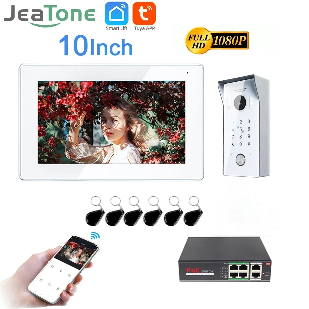 Jeatone Tuya 1080P Wireless Wifi Video Doorbell 10Inch Touch Screen Smart APP Home Intercom Kit for RFID Access Control System