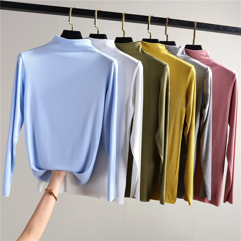 New Modal Slim-Fit Inner Top Women's Spring and Summer Thin Long-Sleeve Half-Collar T Shirt Sequined Fashion T-Shirt