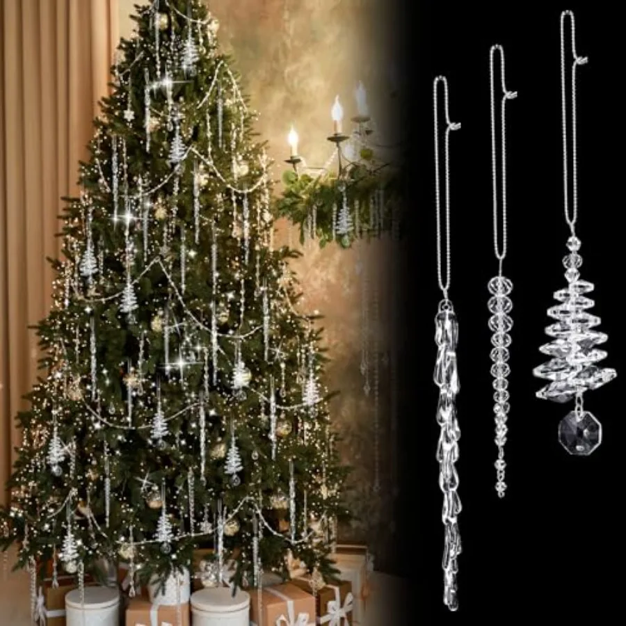 

24 Pcs Crystal Icicle Christmas Tree Ornaments 3 Styles Christmas Icicles Drop Clear Plastic Chandelier Pendants Crystal Hangin