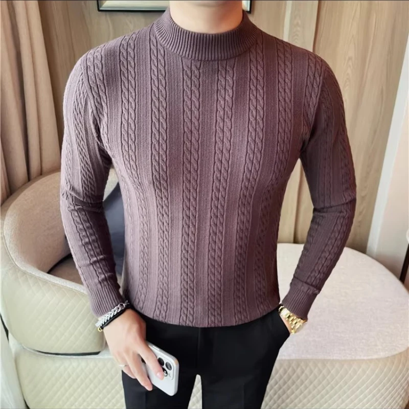 Autumn Winter Thick Woven Twisted Flower Men's Sweater Half High Neck Long Sleeved Knitted Sweaters Slim Elastic Casual Pullover