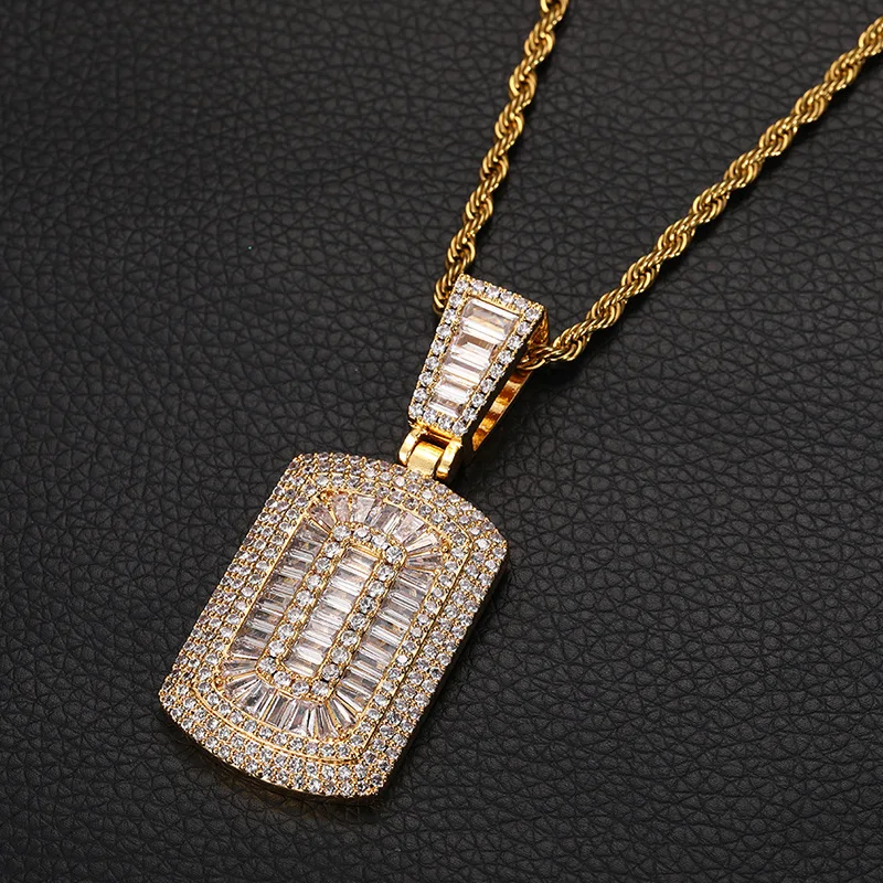 

European and American necklaces slightly inlaid with zircon simple square military brand hip-hop pendant hiphop necklace jewelry
