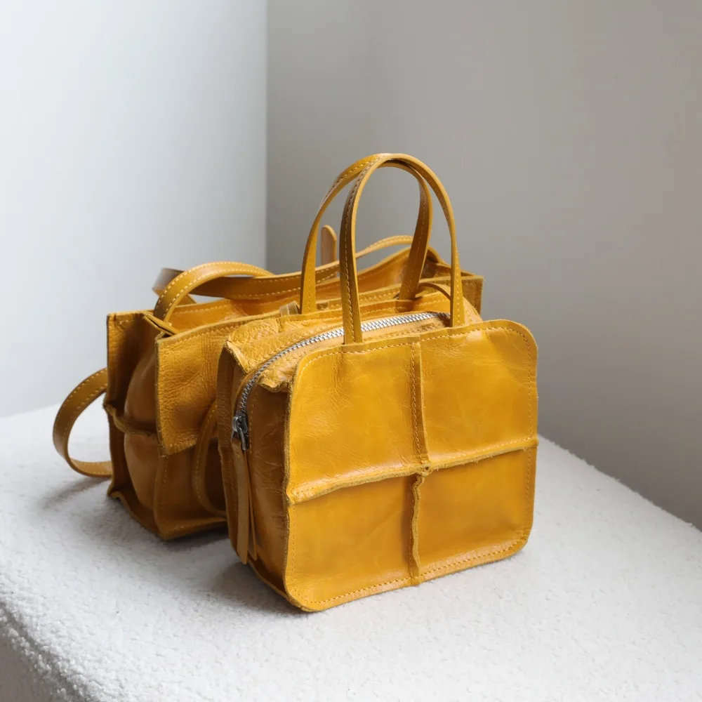 

Niche Literary and Handmade Four-grid Splicing First-layer Cowhide Small Simple Style Leather Single Shoulder Crossbody Bag