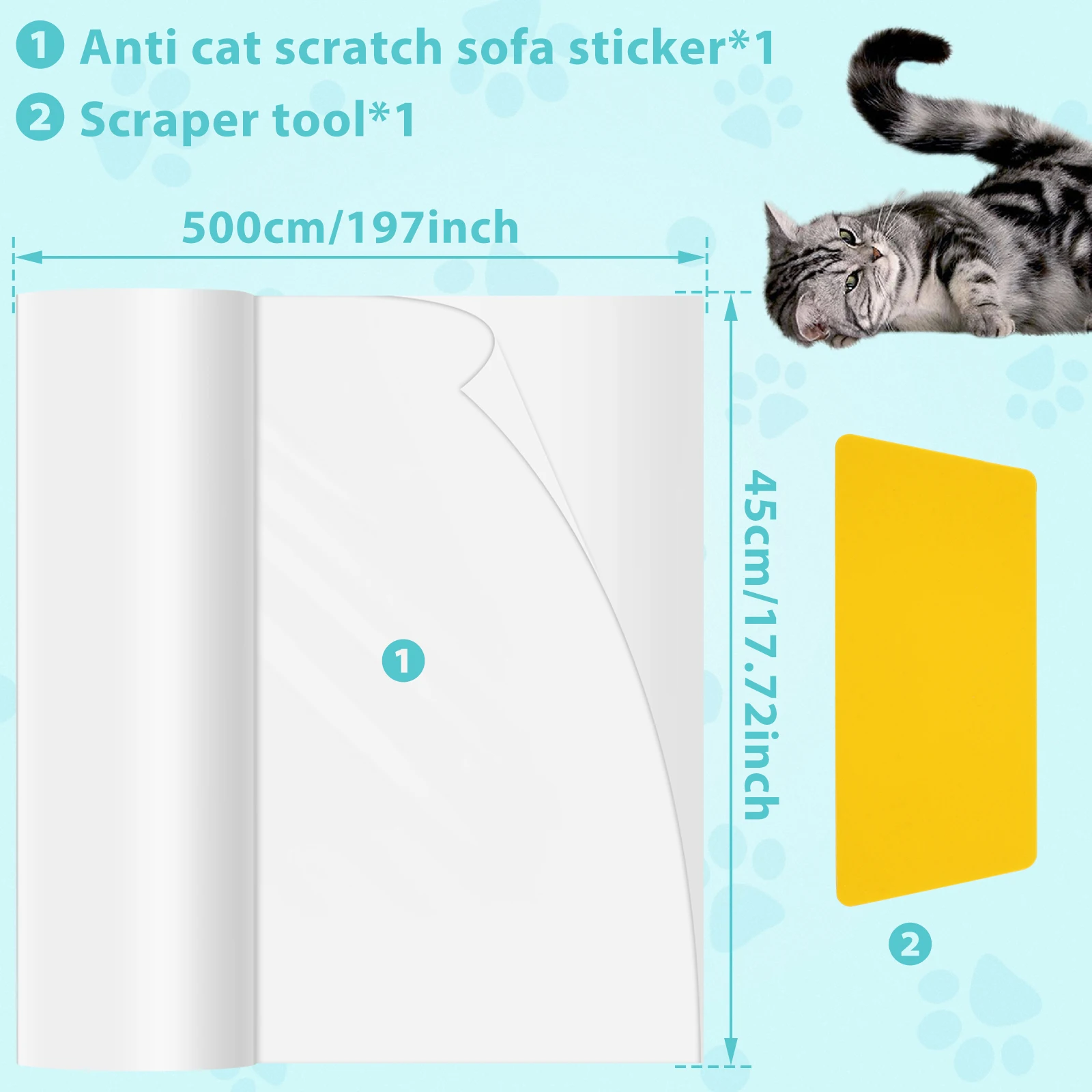 45x500cm Anti Cat Scratch Furniture Protector Self-Adhesive Peelable Cat Training Protectors PVC Transparent Tape for Couch Sofa