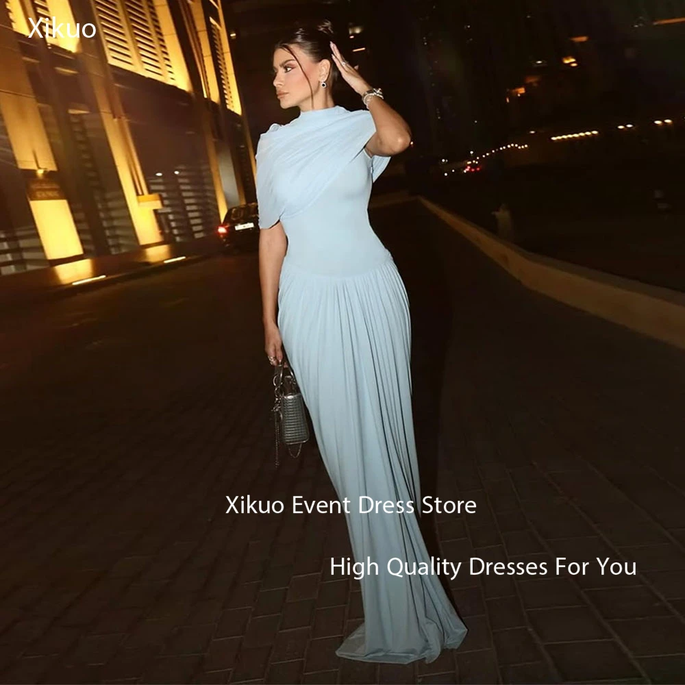 

Xikuo Elegant Blue Chiffon Evening Gown Pleated Mermaid Party Prom Gowns Off The Shoulder Floor Length Robe De Soirée Customized