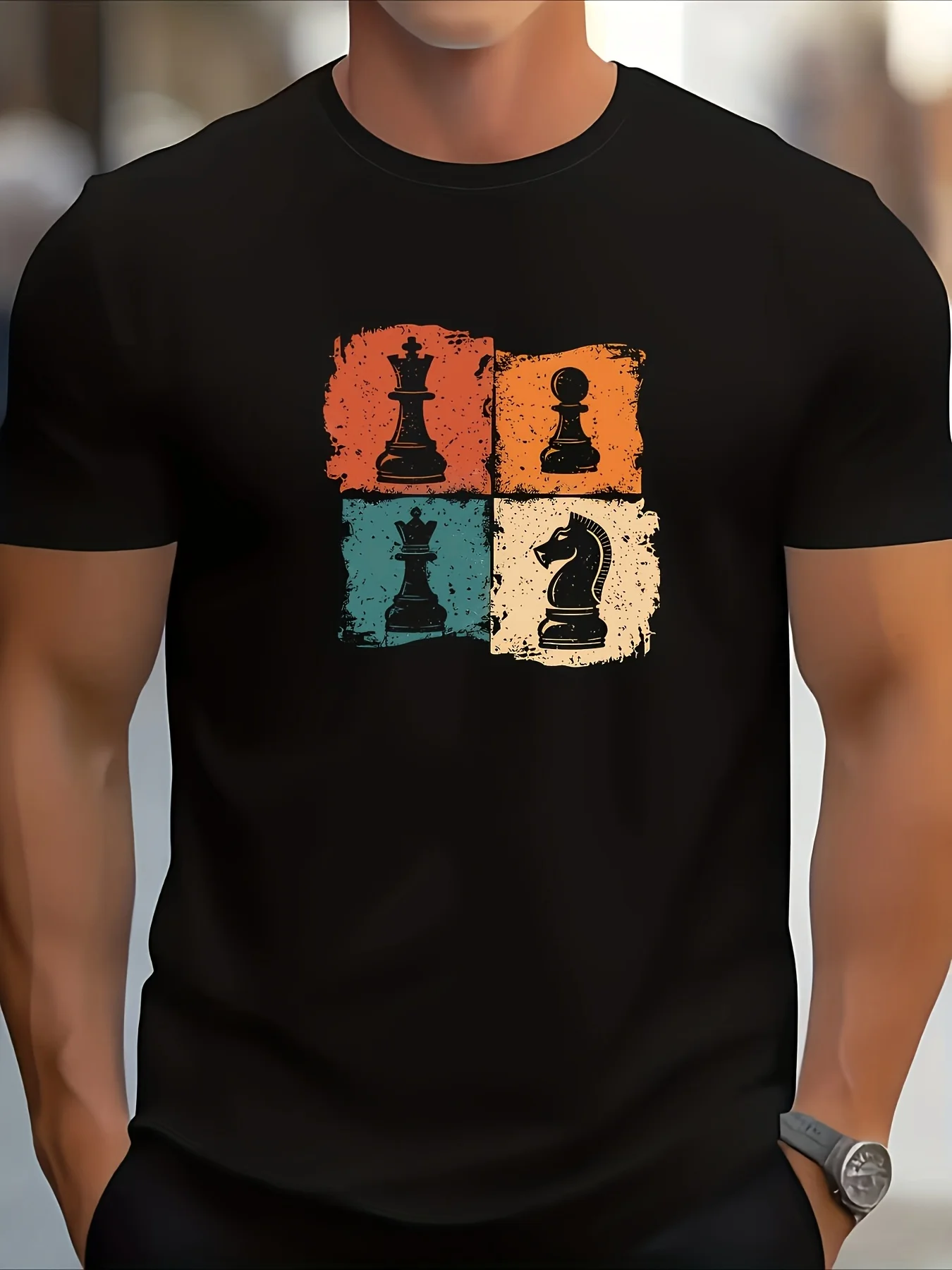 Men'S Casual Short Sleeve T-Shirt - Showcases a Design of Four Chess Piece Shadows, Vivid Blue with Accents of Orange, Yellow, A