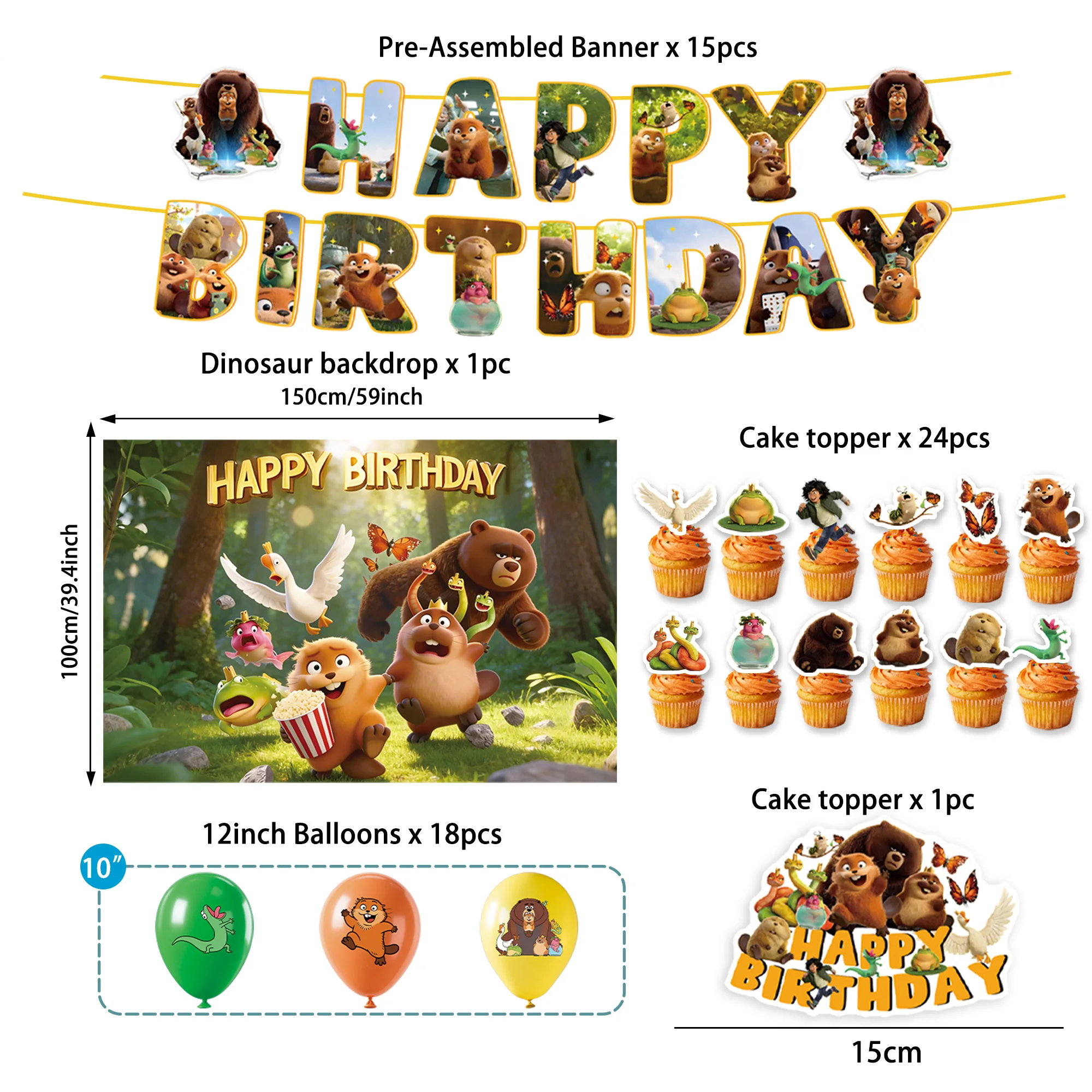 Dekorationsset für Geburtstagsfeiern mit Biber-Motiv, Luftballons, Kuchendekorationen, Hintergrund, „Happy Birthday“-Banner und Partyzubehör