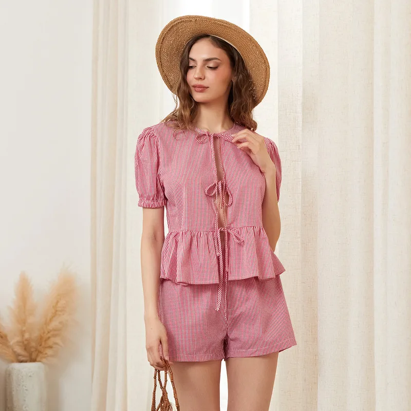 

WPNAKS Women Casual 2 Piece Short Sets Sleepwear Summer Clothes Puff Sleeve Tie Knot Front Tops and Shorts Set Loungewear