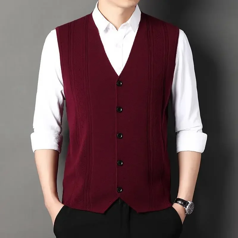 Men's Spring Autumn Vest Waistcoat Sleeveless Thin Knitted V Neck Button Solid Jacquard Business Versatile Undershirt