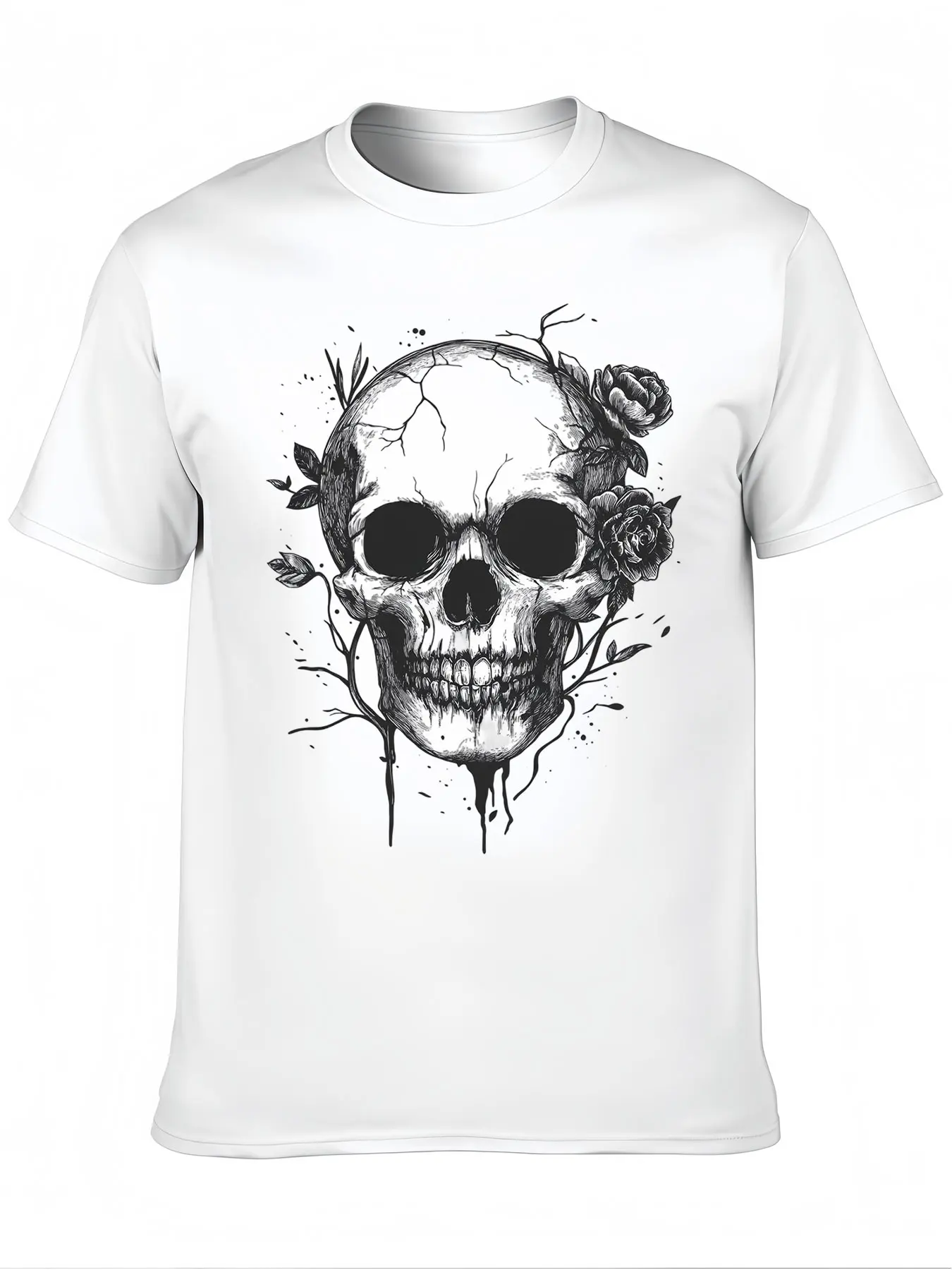 Detailed Skull Rose Print Men's Premium Cotton Crew Neck Tee Christmas Gift Everyday Comfort Machine Washable For Men