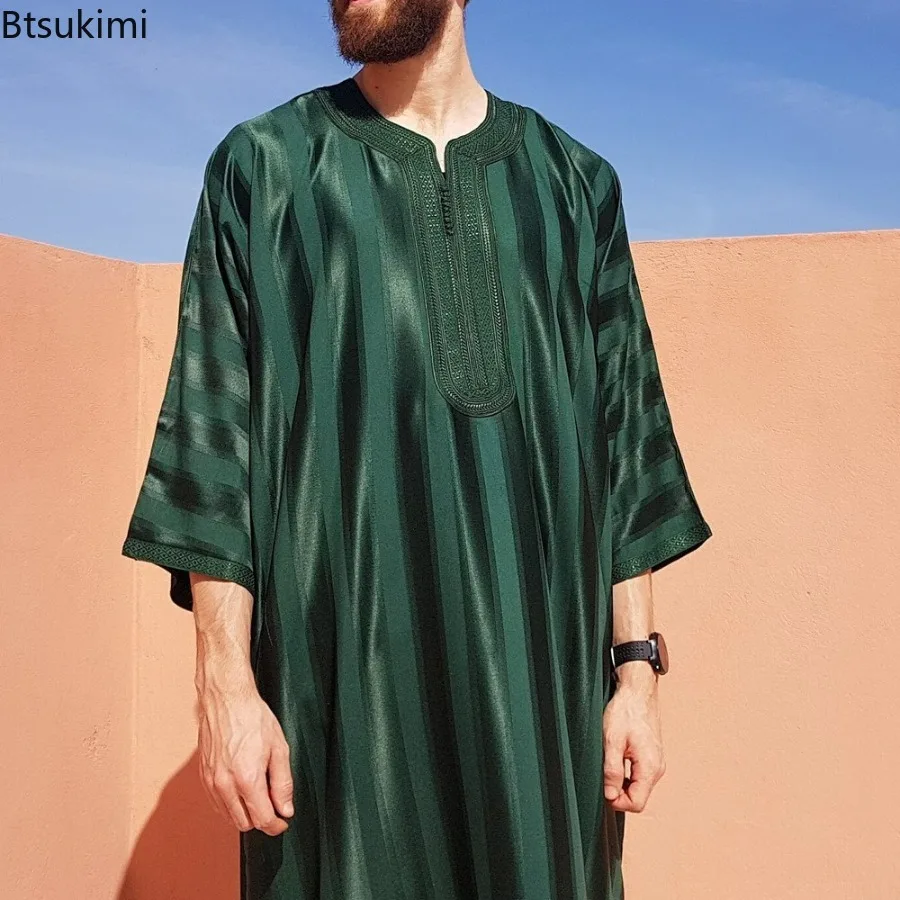 Caftán musulmán para hombre, bata de satén bordada, Jubba Thobe, Thobe árabe saudita, Thoub turco, vestido informal islámico, ropa tradicional de Ramadán, 2024