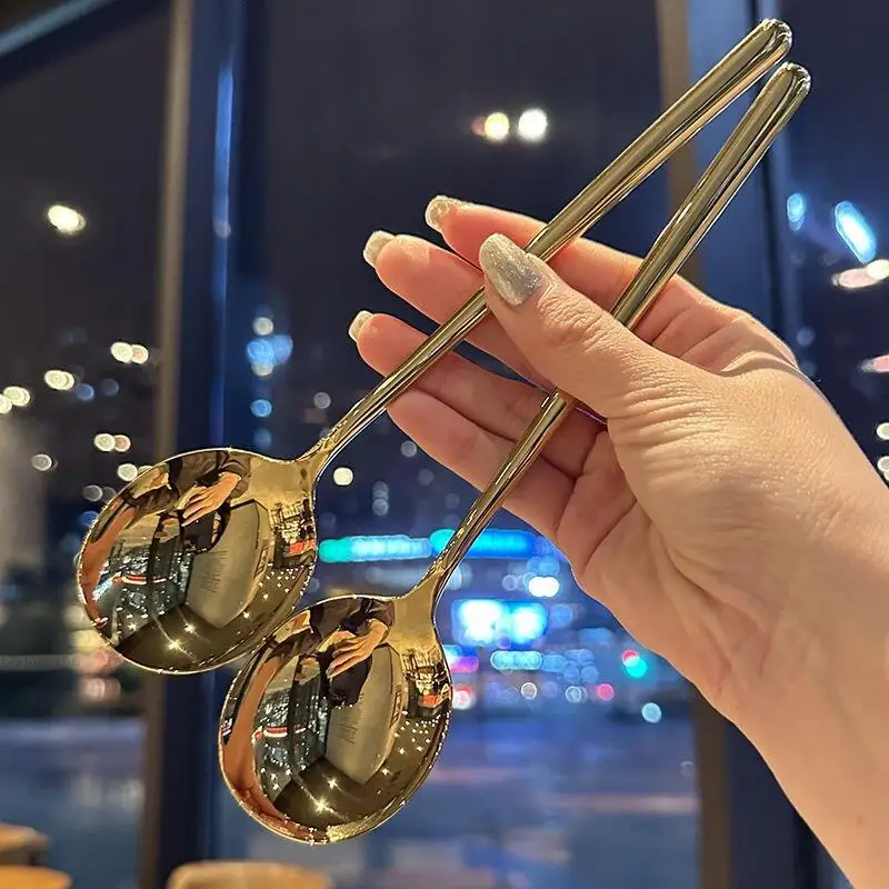 Round Head Spoon 304 Stainless Steel Spoon Household Thickened Creative Gold Western Restaurant Long Handle Spoons