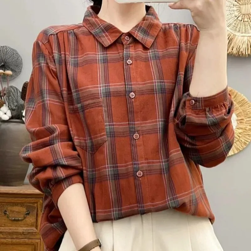 

Женская винтажная хлопковая блузка в клетку с длинным рукавом, свободного кроя, повседневная, с отложным воротником, универсальная, элегантная, топ