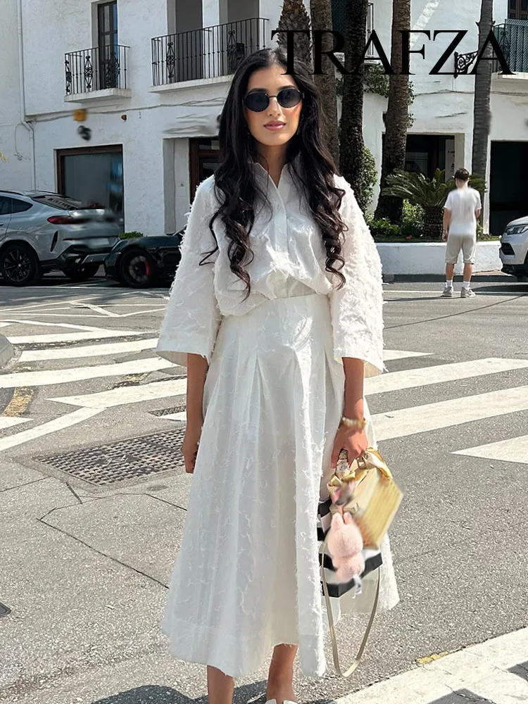 TRAFZA – ensemble à franges pour femmes, chemises blanches à col rabattu, simple boutonnage + taille haute, fermeture éclair, jupes longues trapèze, costume de vacances