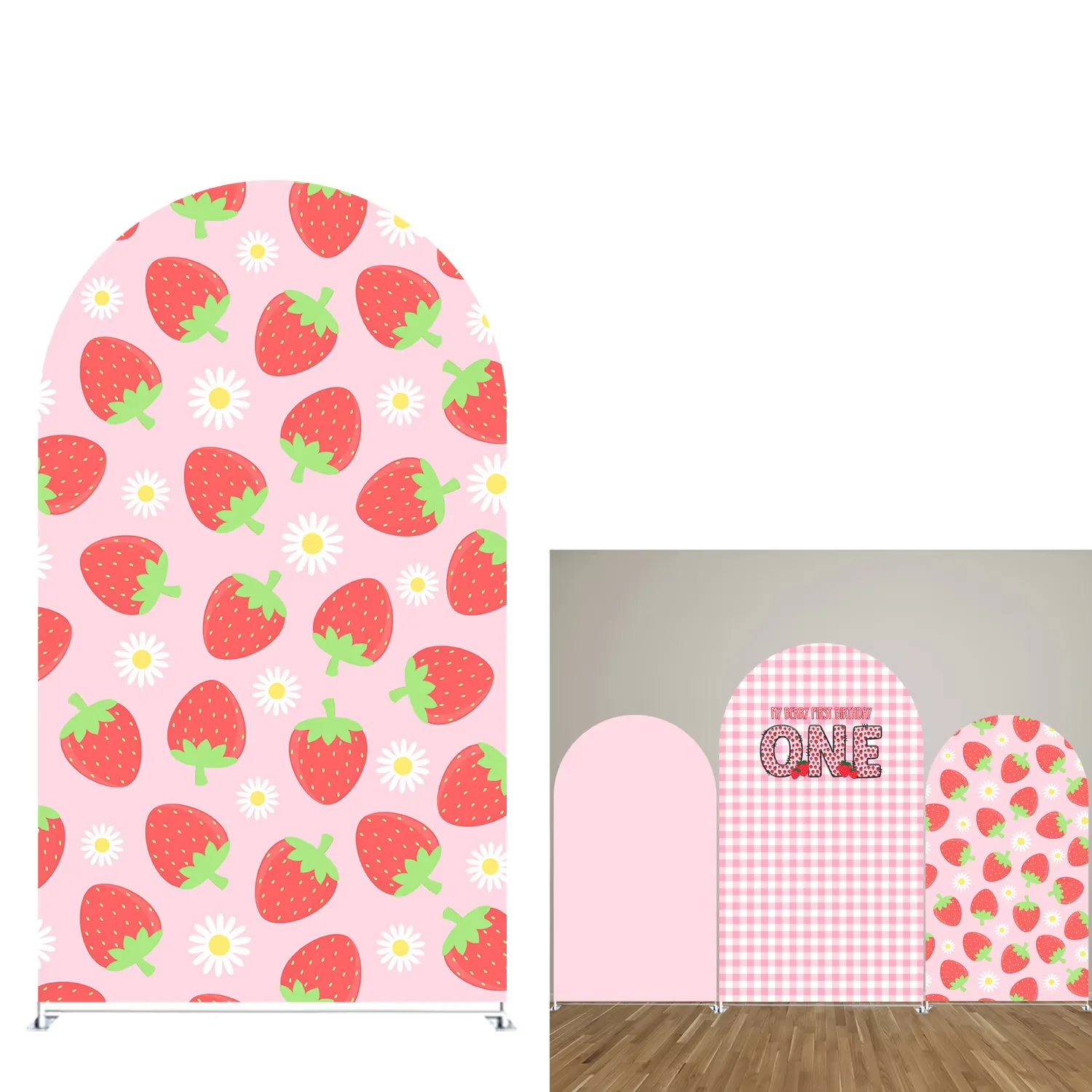 Mehofond Pink Girl Strawberry Arch Backdrop Cover for My Berry First One Party Baby Shower Daisy Flower Decoration Backgrounds