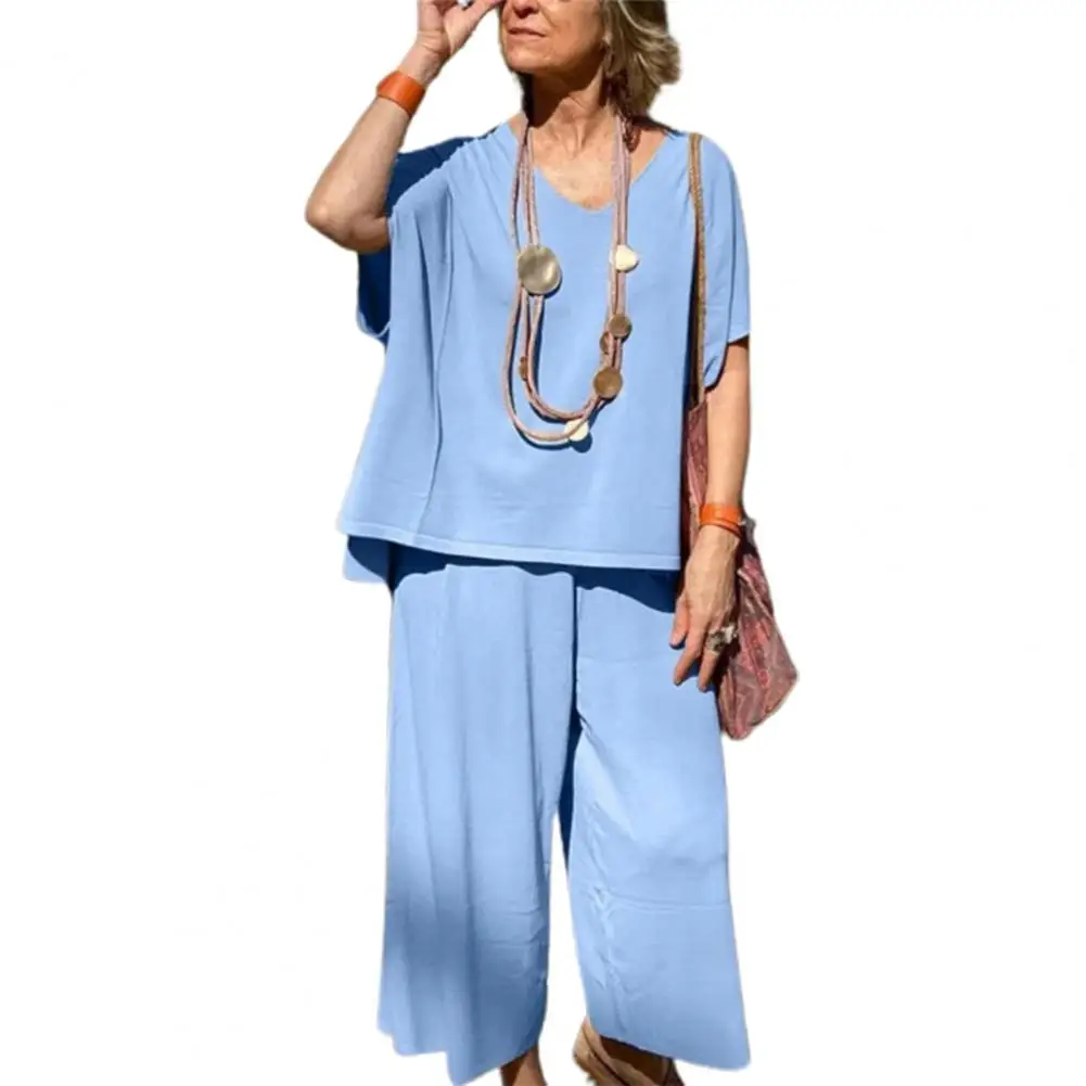 Tee Shirt Wide Leg Pants Set Women's V-neck Tee Shirt Wide Leg Pants Set for Summer Outfit Loose