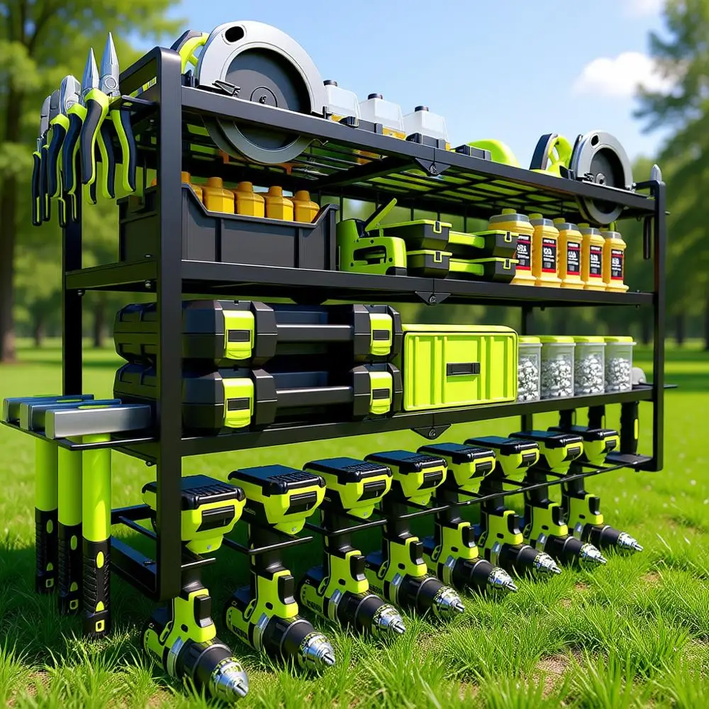 

Прочная 4-ярусная настенная стойка для инструментов с 8 держателями для дрелей для хранения в гараже, металлический органайзер с грузоподъемностью 300 фунтов