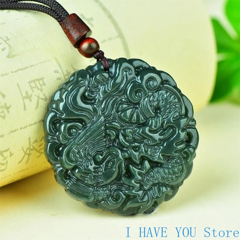 الطبيعية Hetian الأزرق اليشم التنين فينيكس قلادة جالبة للحظ موضة الرجعية الرجال النساء قلادة تميمة غرامة مجوهرات فاخرة هدايا العيد