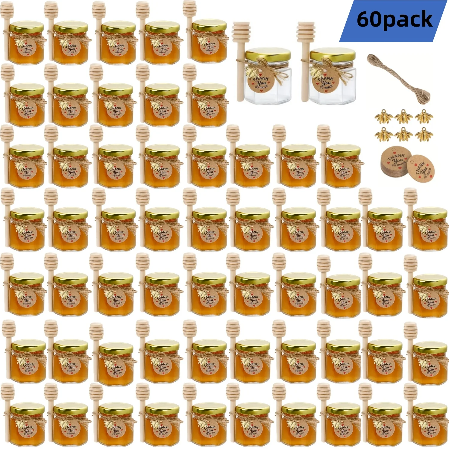 12/20/30/50/60Pcs-Mini Honey Jars with Dipper, Hexagonal Glass Honey Jars, Glass Sugar Jars with Lids, Kitchen Glass Sealed Jars, Available in Various Sizes Such as 1.5/2/3oz, Come with Bee Pendants, Twine, and Card Tags, Perfect for Baby Shower Gifts, Wedding Gifts, Party Favors