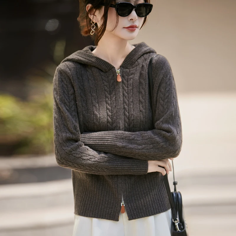 2026 Women's 100% Merino Wool Cardigan Autumn Winter Twist Flower Hooded Sweater Knitwear Coat Pure Wool Tops Hoodie