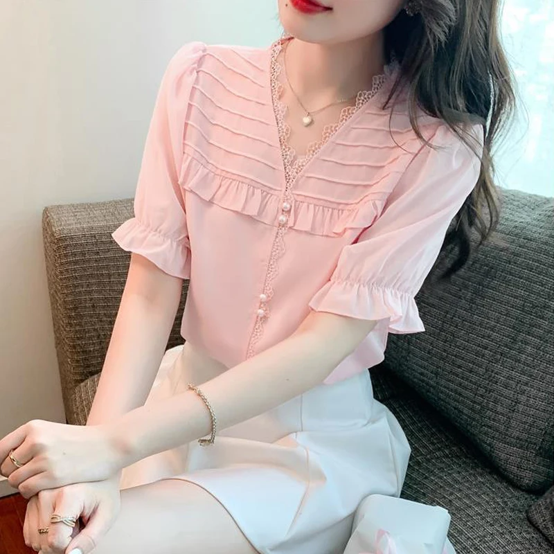 Women\'s Clothing 2024 Summer Fashion Ruffle Lace Patchwork Blouse Elegant Sweet Chic Shirt Casual Solid V Neck Short Sleeve Tops