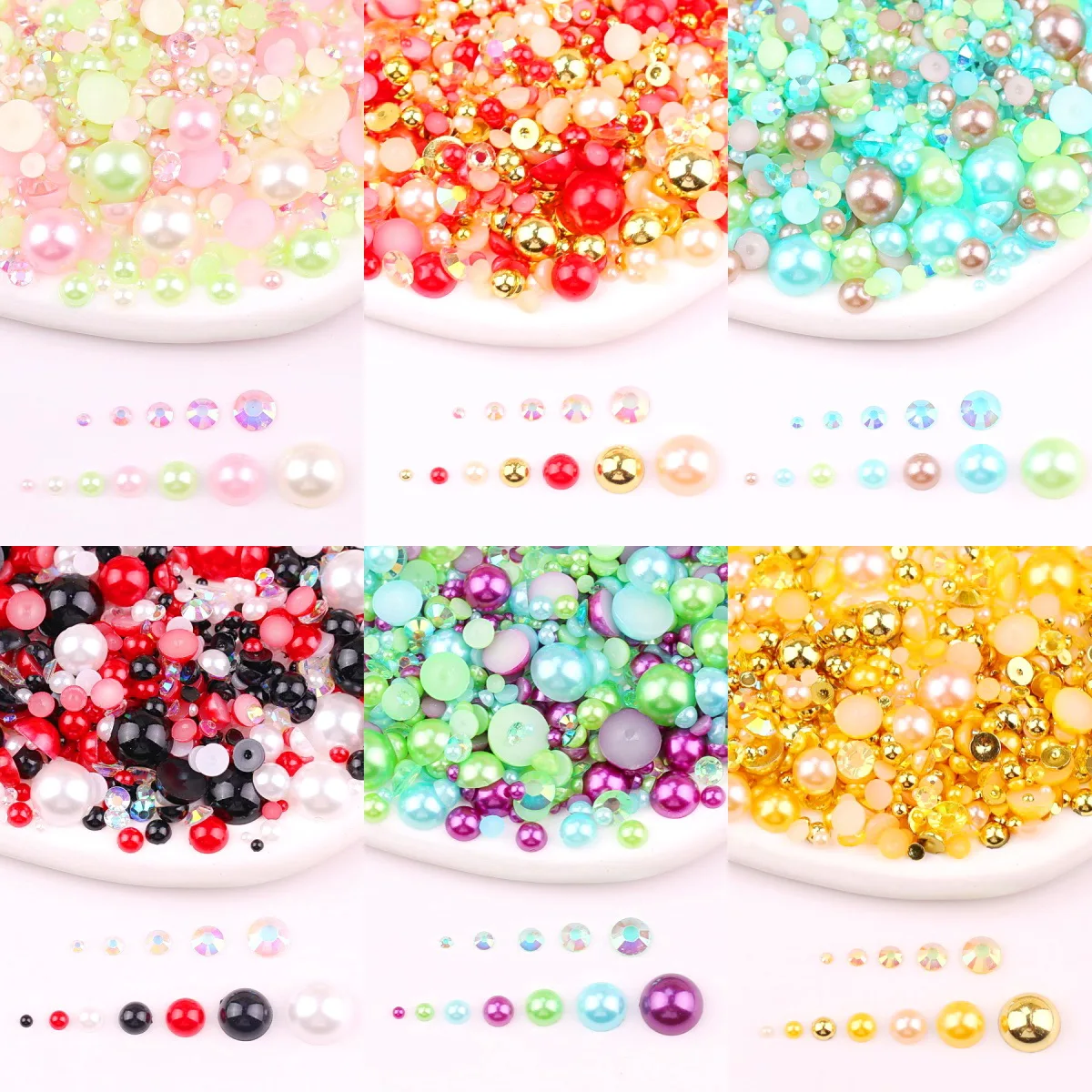 2mm-10mm, 7 Größen, Nicht-AB Normale Farben, Flache Halbrunde Perlen mit Klaren AB Strasssteinen, Gemischte Klebeperlen für Nagel-DIY-Dekorationen – Detail 1