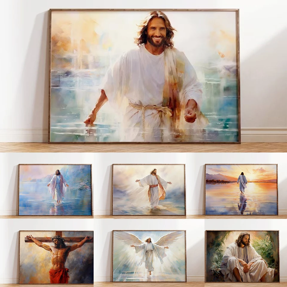 Watercolor Laughing Jesus Christ Walking On Water Painting Canvas Poster Wall Art Pictures Religious Home Room Decor