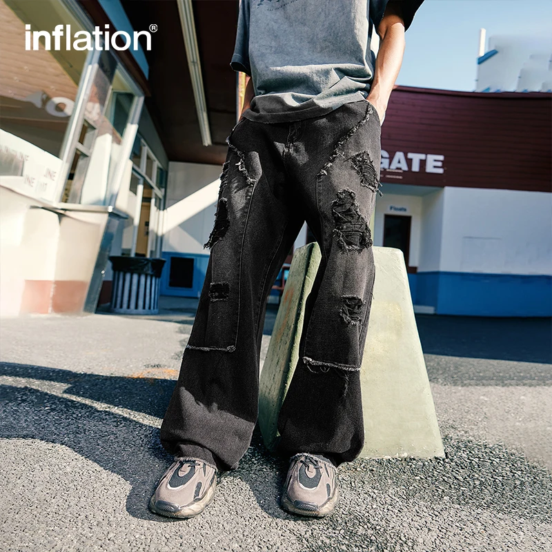 INFLATION Black Washed Distressed Ripped Jeans Men Streetwear Hip Hop Holes Denim Pants