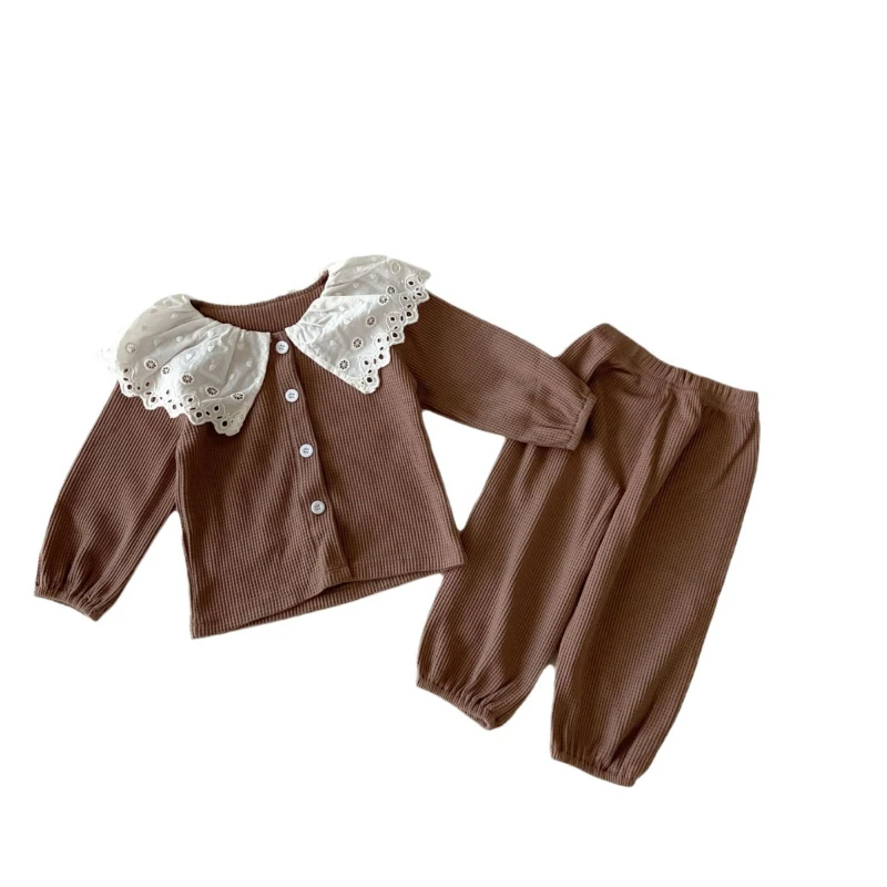 2025 Autumn New Girls' Stylish Lapel Long Sleeved Solid Color Top and Casual Waffle Pants Two-piece Set