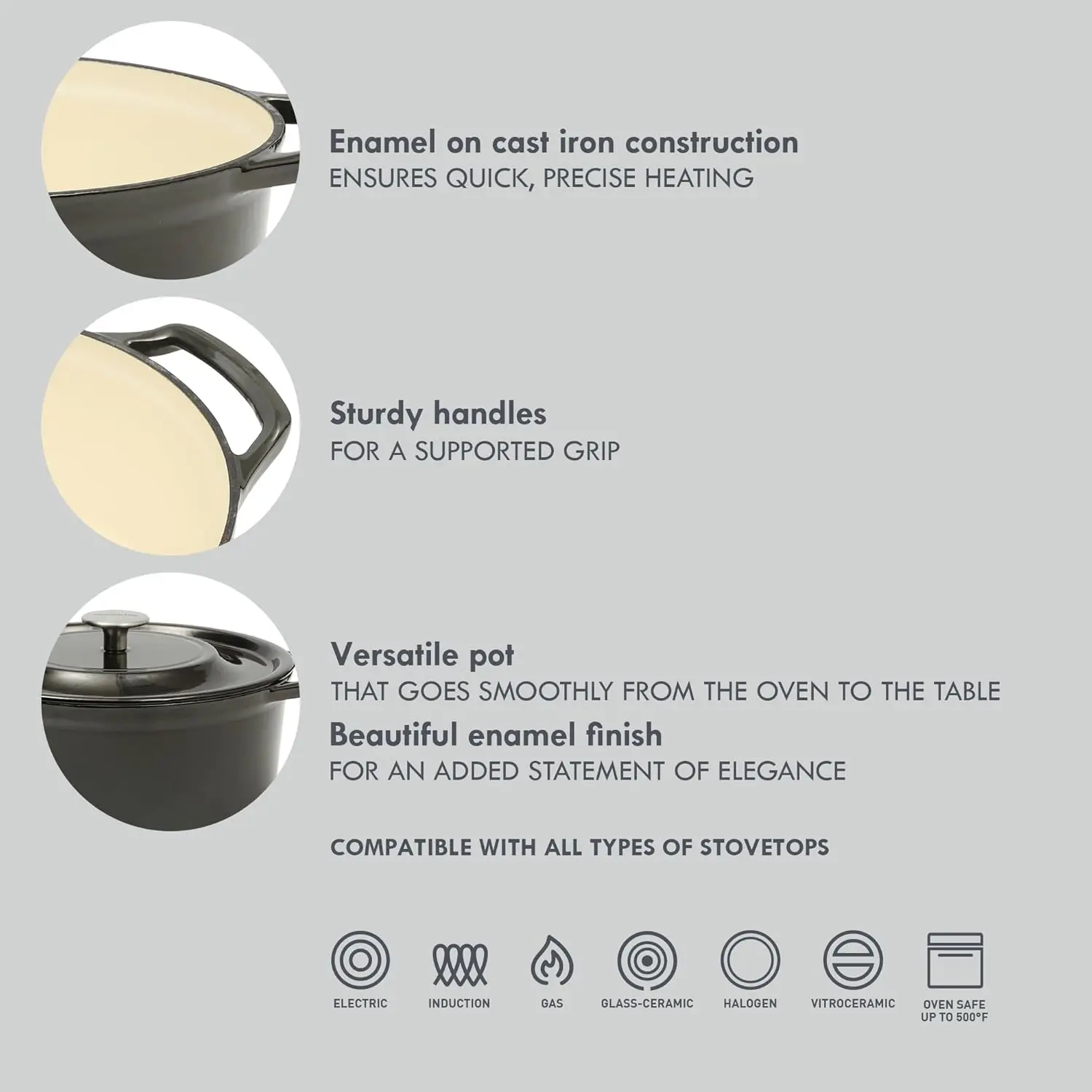 Caçarola de forno holandês de ferro fundido de 5 quartos Oak Park com tampa e esmalte metálico - cinza canna