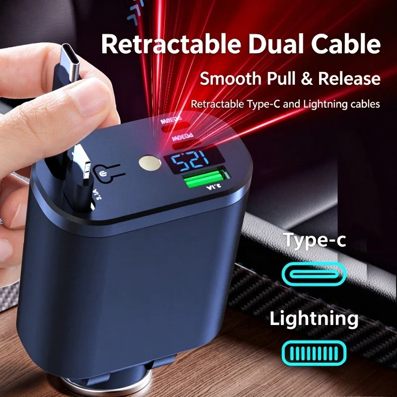 Universal 120W Multi-port Car Cigarette Lighter Charger PD QC Retractable Cable Digital Voltage Tester